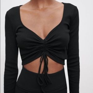 zara ribbed long sleeve top with gathering in black